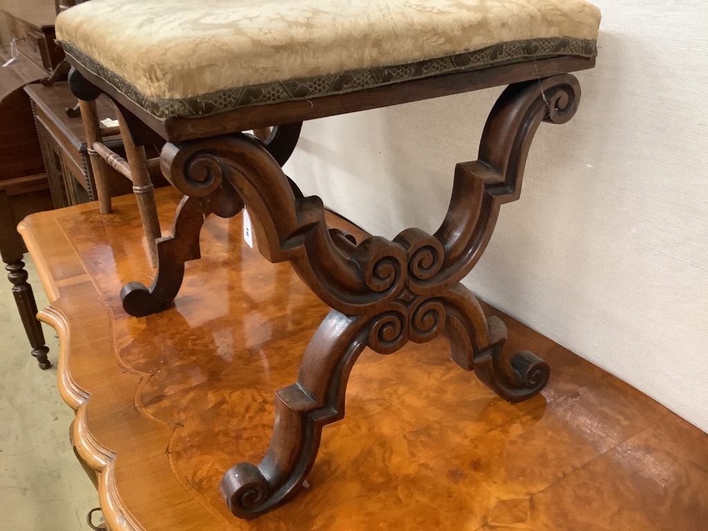 A Victorian rosewood X frame stool, width 46cm depth 40cm height 42cm